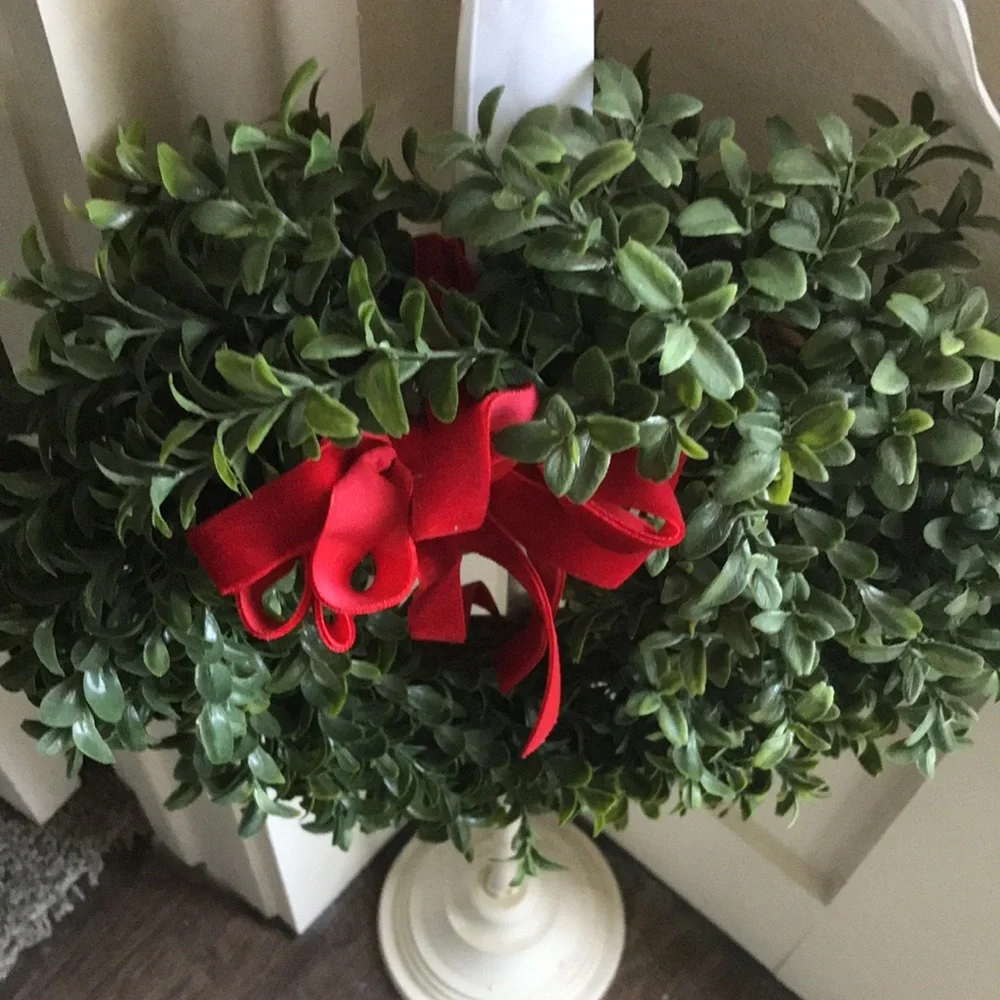Faux Boxwood Wreath Home Decor Red Bow Final Sale